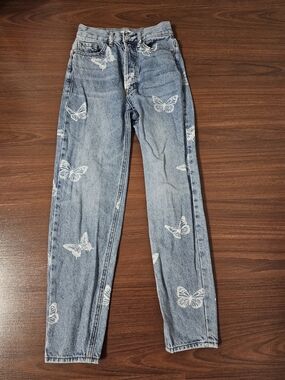 PacSun Light Blue Denim Straight Leg Jeans with White Butterfly Print